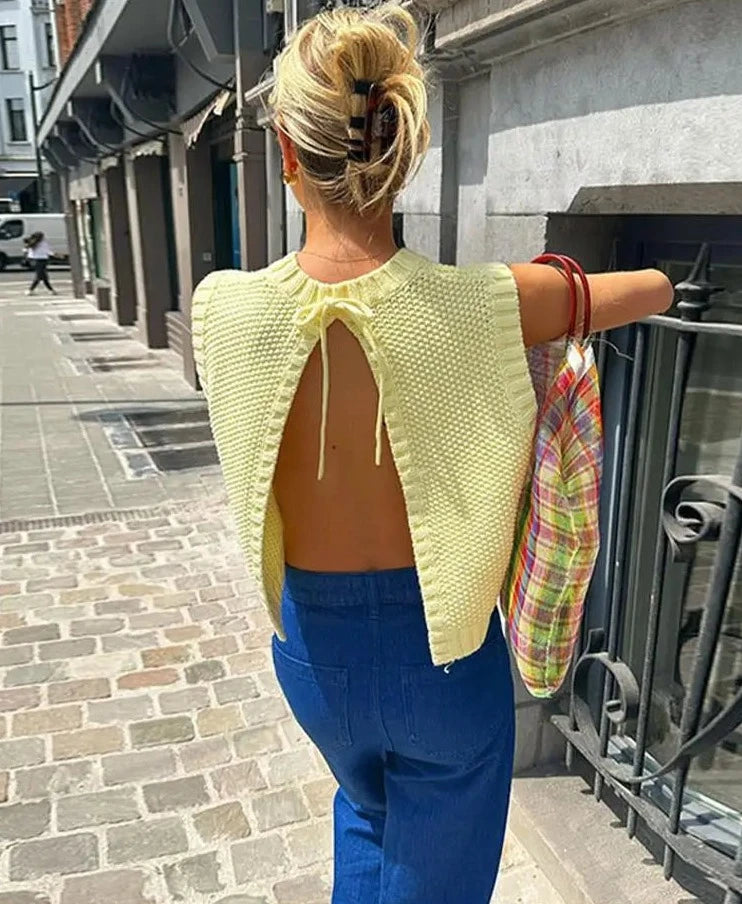 Yellow Lace Up Backless Sweater - Divawearfashion