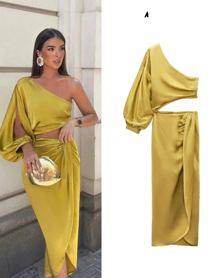 Satin Cut Out Ruched Off Shoulder Elegant Evening Dress - Divawearfashion