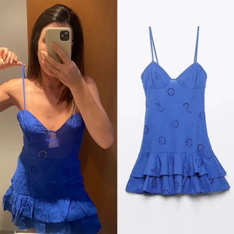 Blue Sling Thin Strap Hollow Mini Dress - Divawearfashion