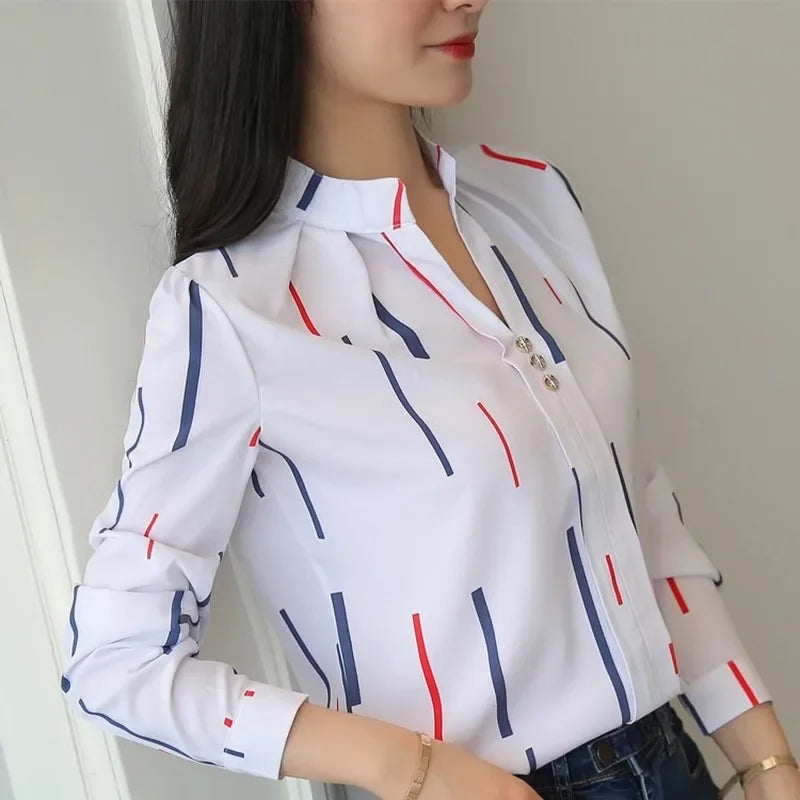 Stripe Print Casual Long Sleeve Shirt - Divawearfashion