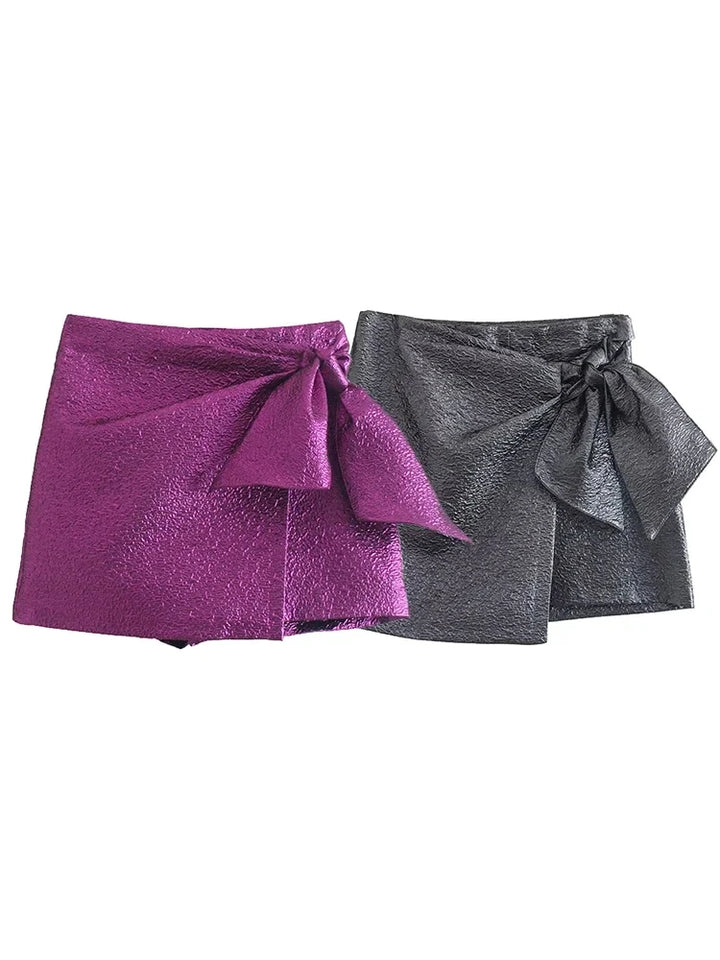 Textured Skort with Bow Knot High-waisted Invisible Side Zipper - Divawearfashion