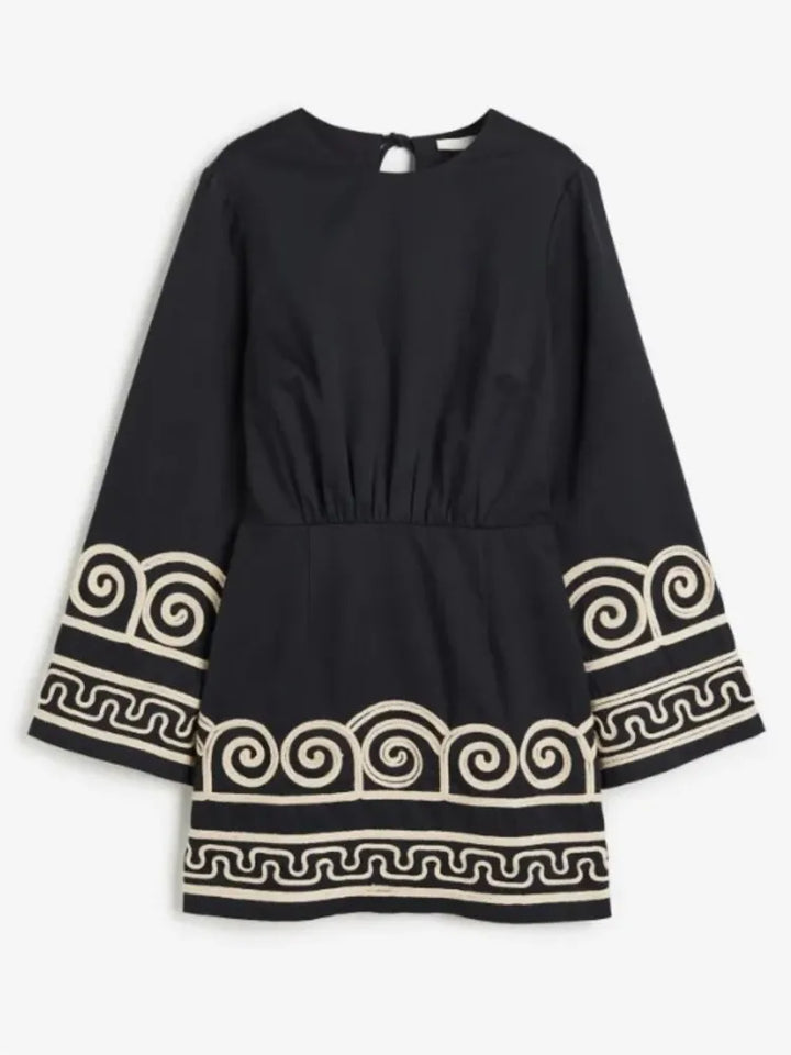 Embroidery Spliced Crew Neck Dresses  - Divawearfashion
