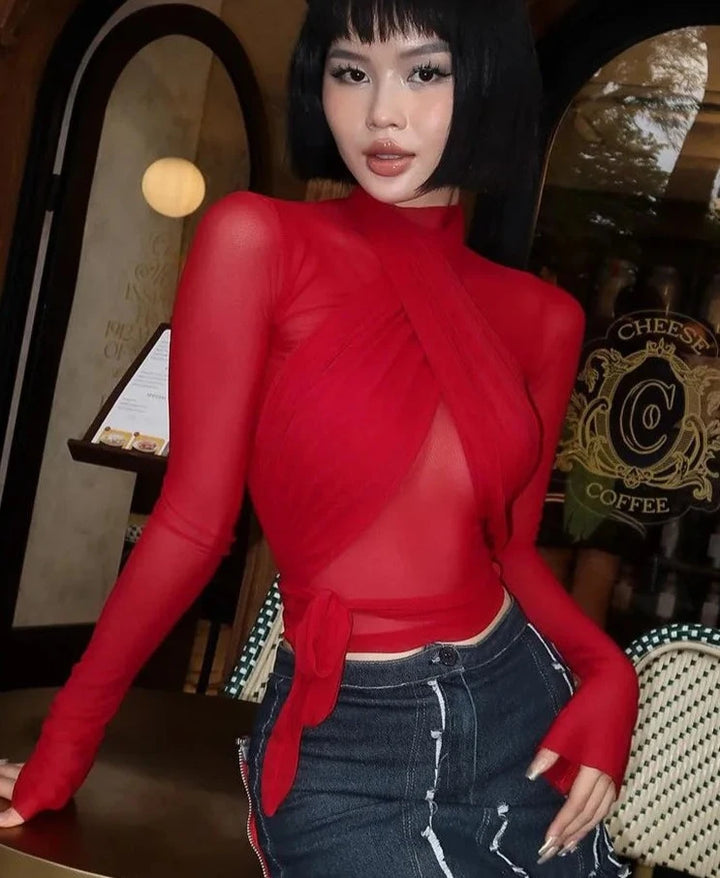 Turtleneck Draped Sexy See Through Crop Top - Divawearfashion