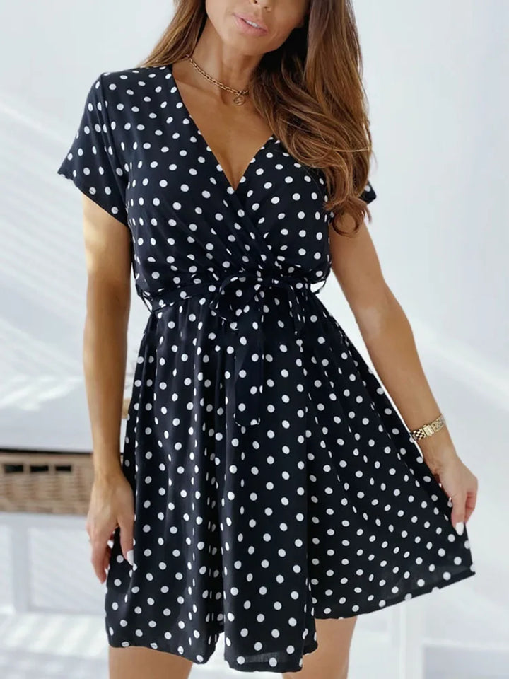 Polka Dot V Neck Mini Casual Dress - Divawearfashion