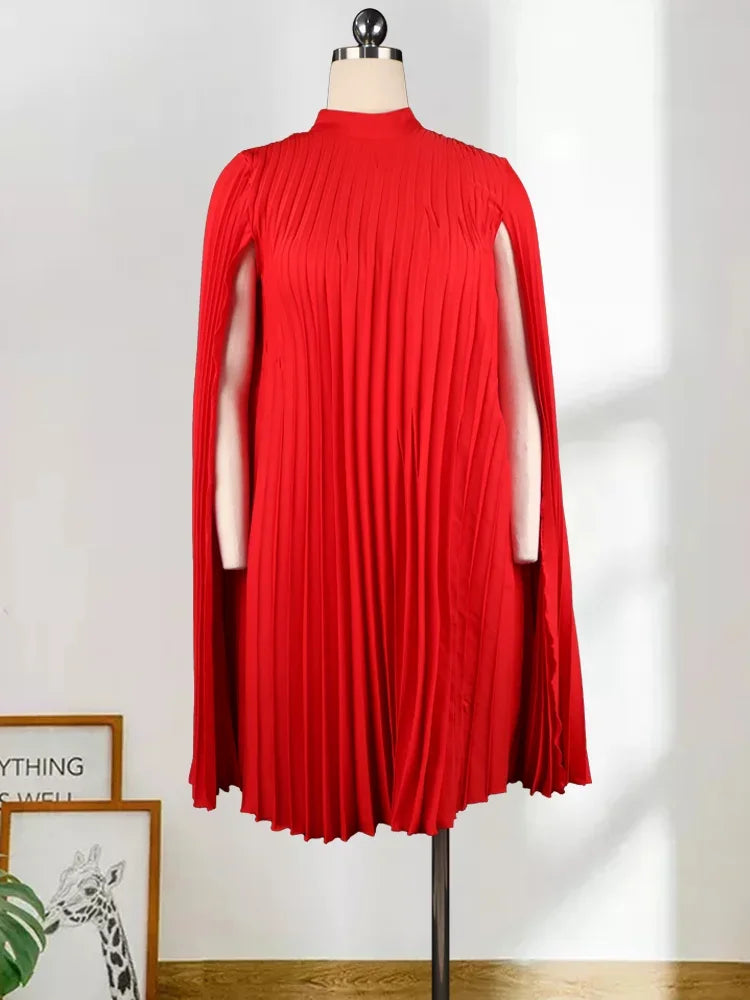 Plus Size Oversized Pleat Mock Neck Cloak Sleeve Dresses - Divawearfashion