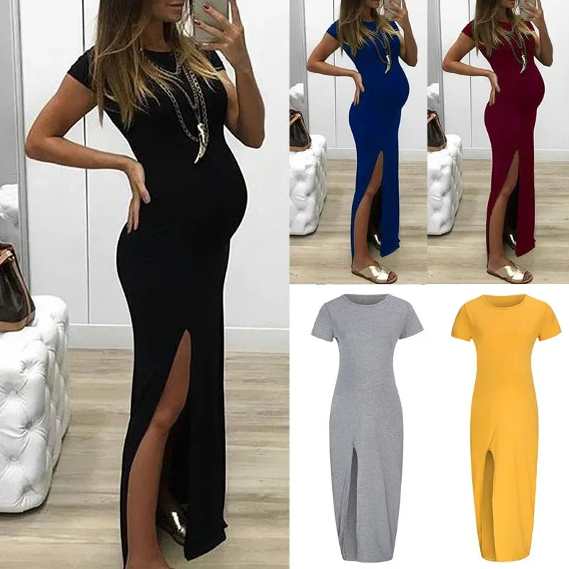 Short-sleeved Maternity Dress with a Slit - Divawearfashion