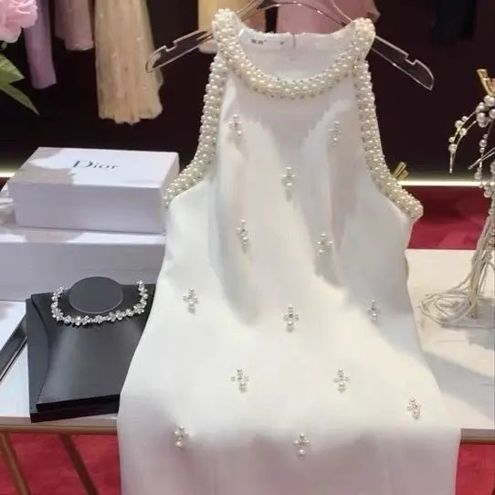 Halter Bead Aesthetic Pearl Sleeveless 3D Lolita Dress - Divawearfashion