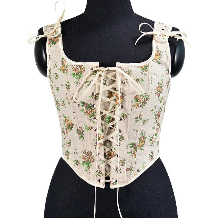 Floral Print Vintage Corset Lace Up Bustier Corset - Divawearfashion