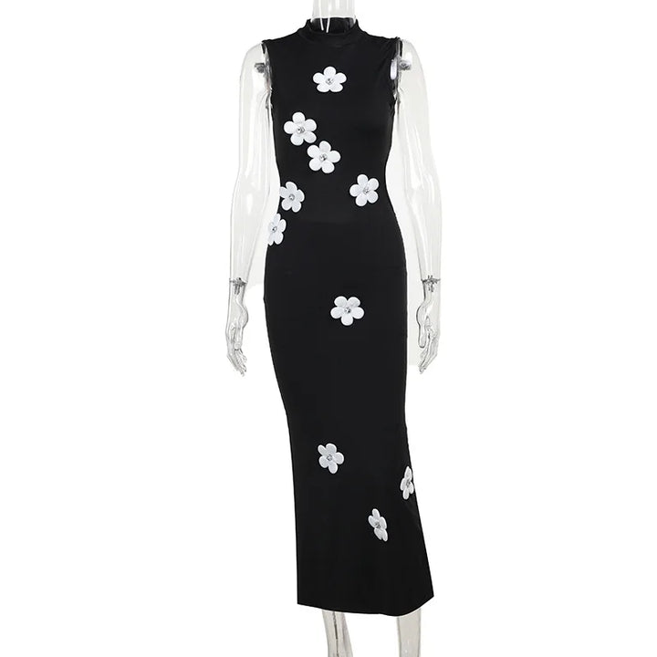 3D Flower Black Maxi Dress