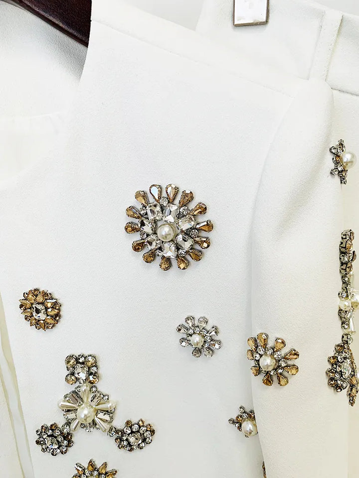 Pearls Diamonds Rhinestone Beaded Trimmed Jacket with Flare Slit Pants Suit - Divawearfashion