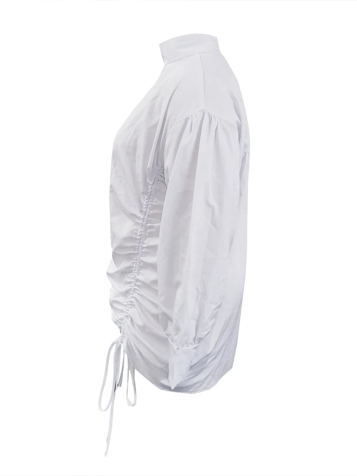 Plus Size Casual Fold Lantern Sleeve Loose Straight Drawstring Dress - Divawearfashion