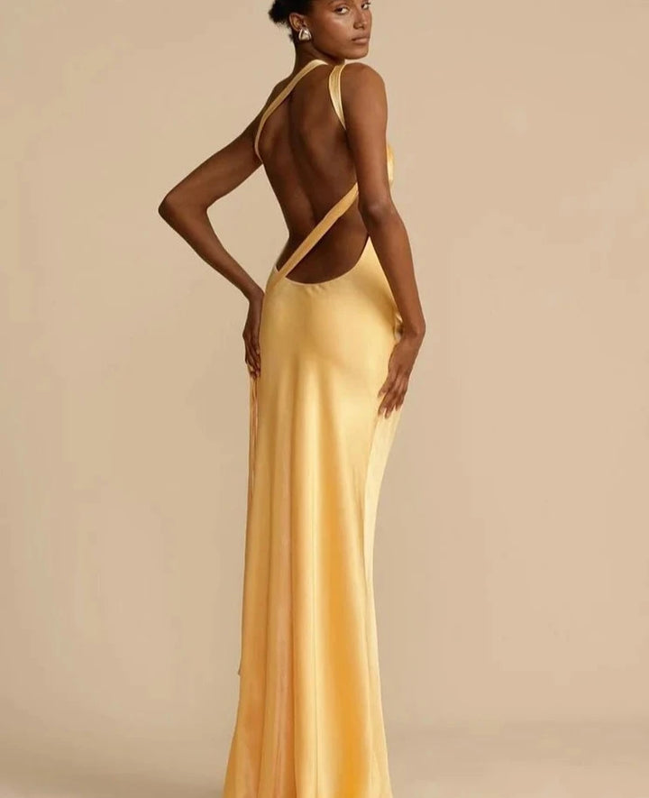 Silk Stunning Incline Shoulder Backless Long Dress