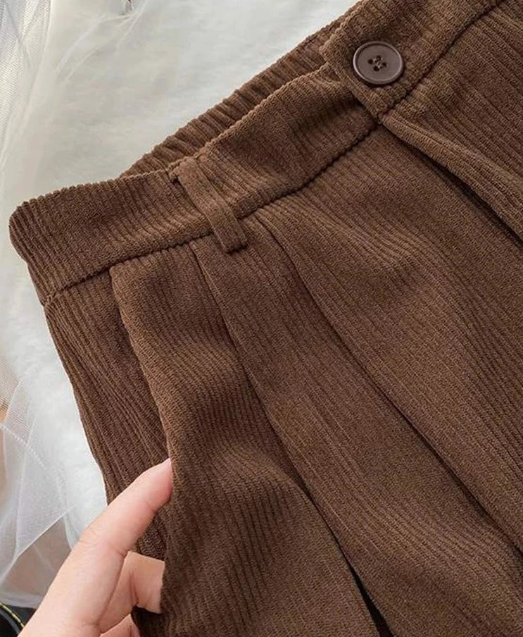 High Waist Retro Corduroy Causal Full Length Pants - Divawearfashion