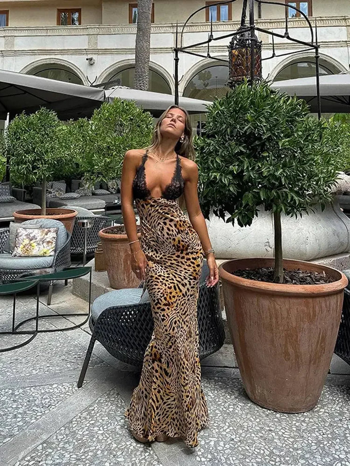 Leopard Print Maxi Backless Long Dress 