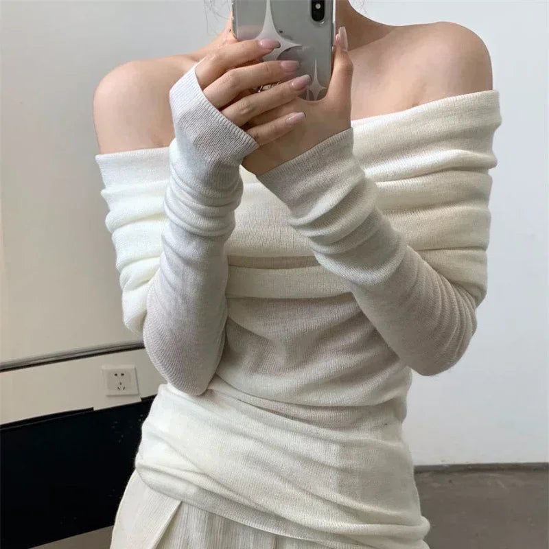 Knitted Off Shoulder Sweater - Divawearfashion