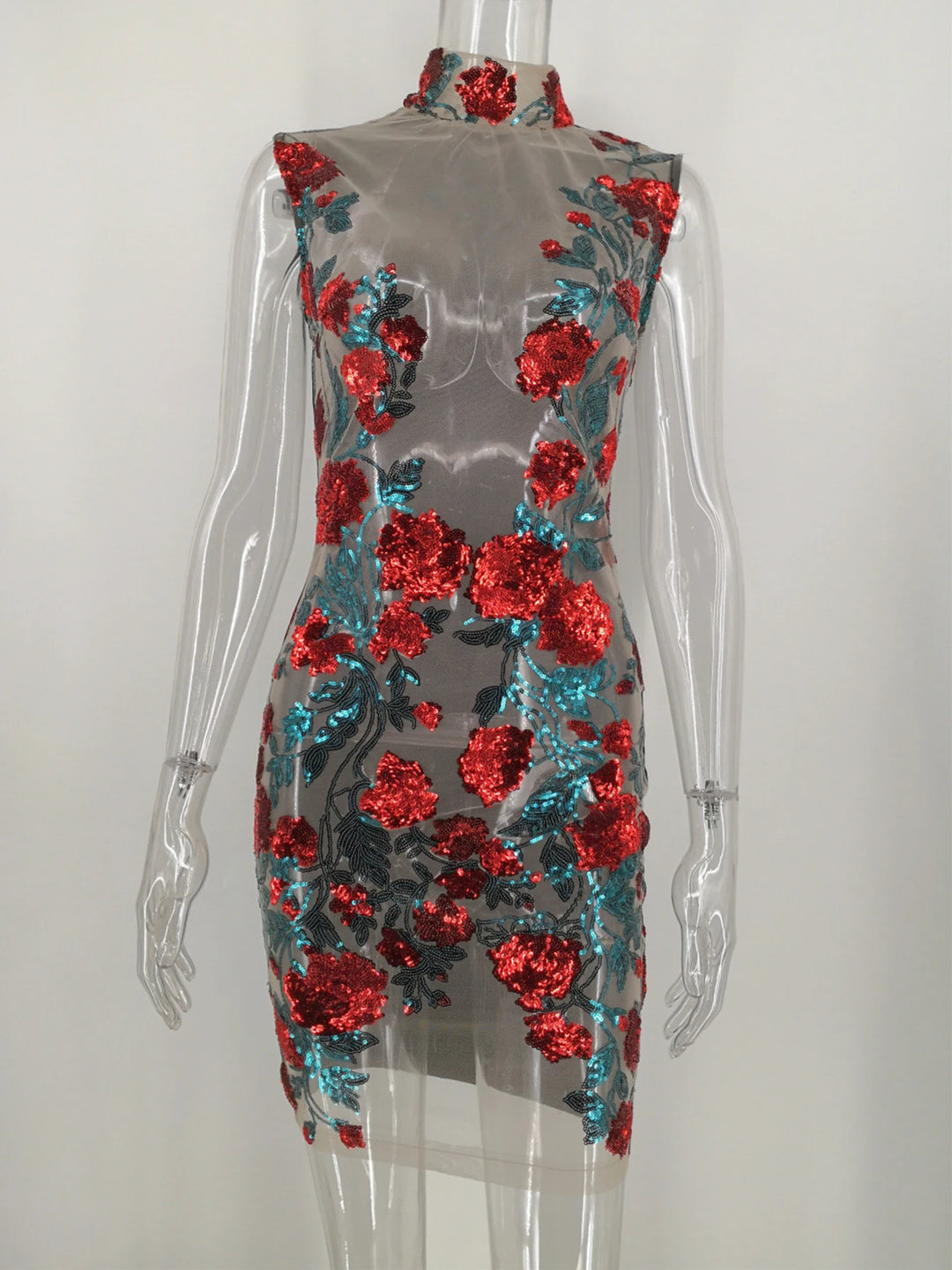 See Through Floral Sequin Dress - Divawearfashion