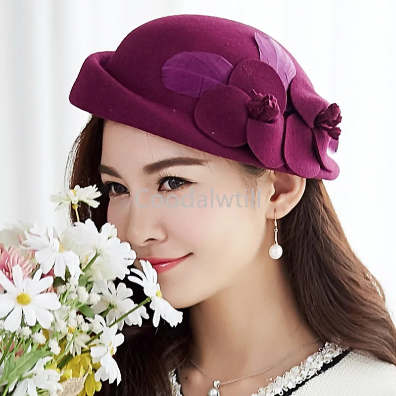 Wool Felt Fedoras Cloche Hat With Flower Up - Divawearfashion
