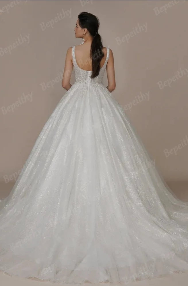 V Neck Sleeveless Wedding Dress with Court Train Beading - Divawearfashion