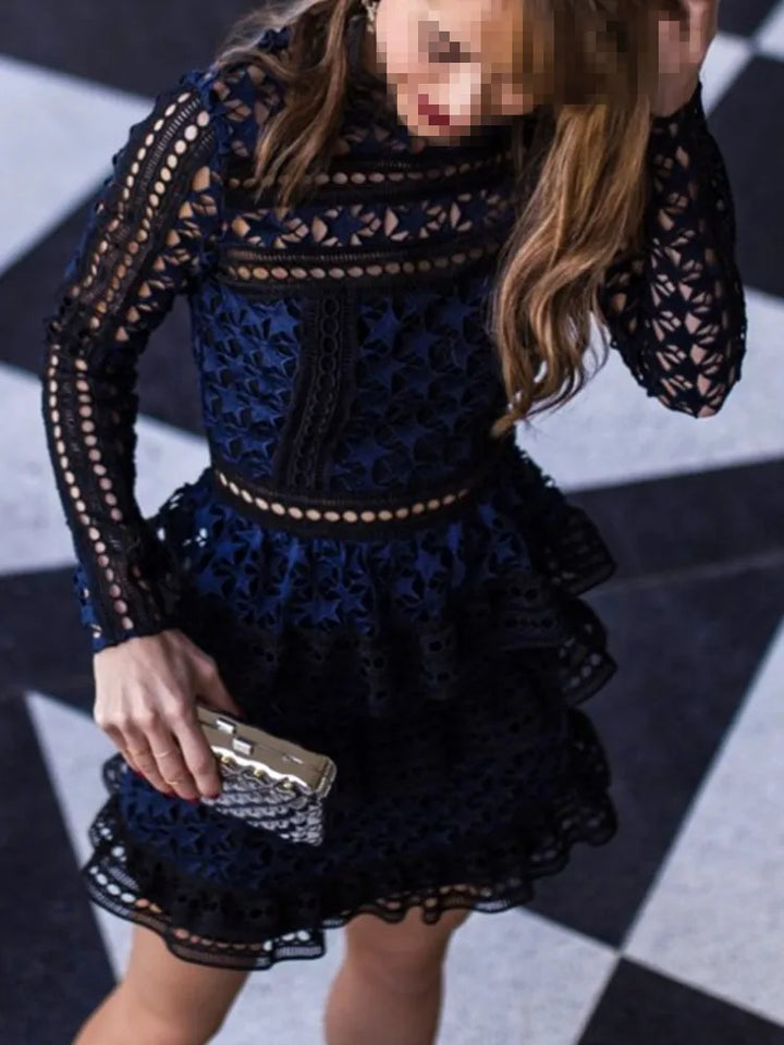 Lace Hollow Out Long Sleeve Cupcake Dress - Divawearfashion