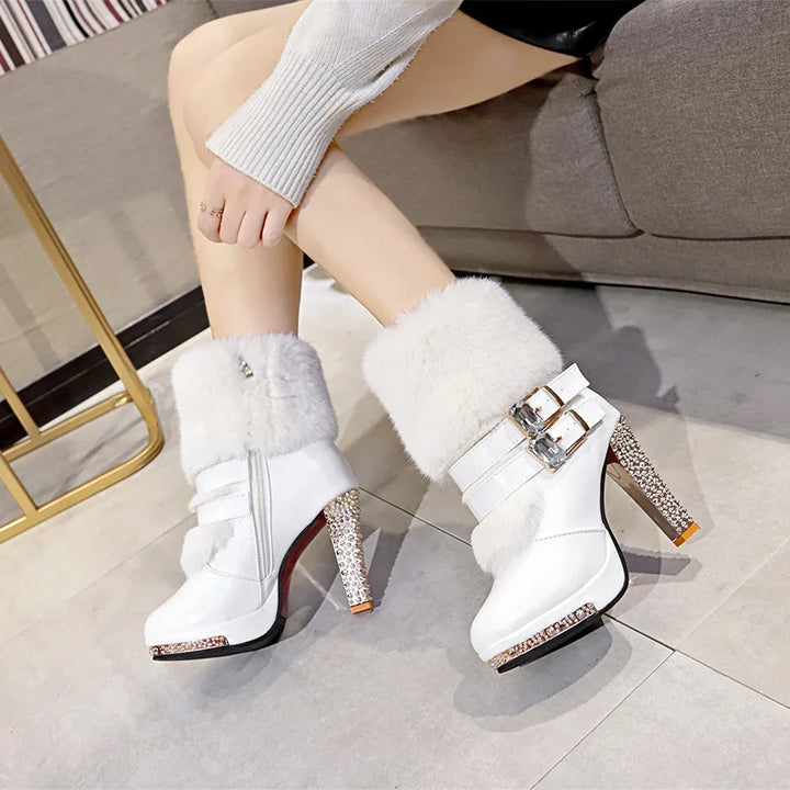 Winter Shoes Women High Heels Boots Fashion Ladies Party Shoes Warm Fur Shoes Woman Super High Heel 10cm Black White A2813 - Divawearfashion