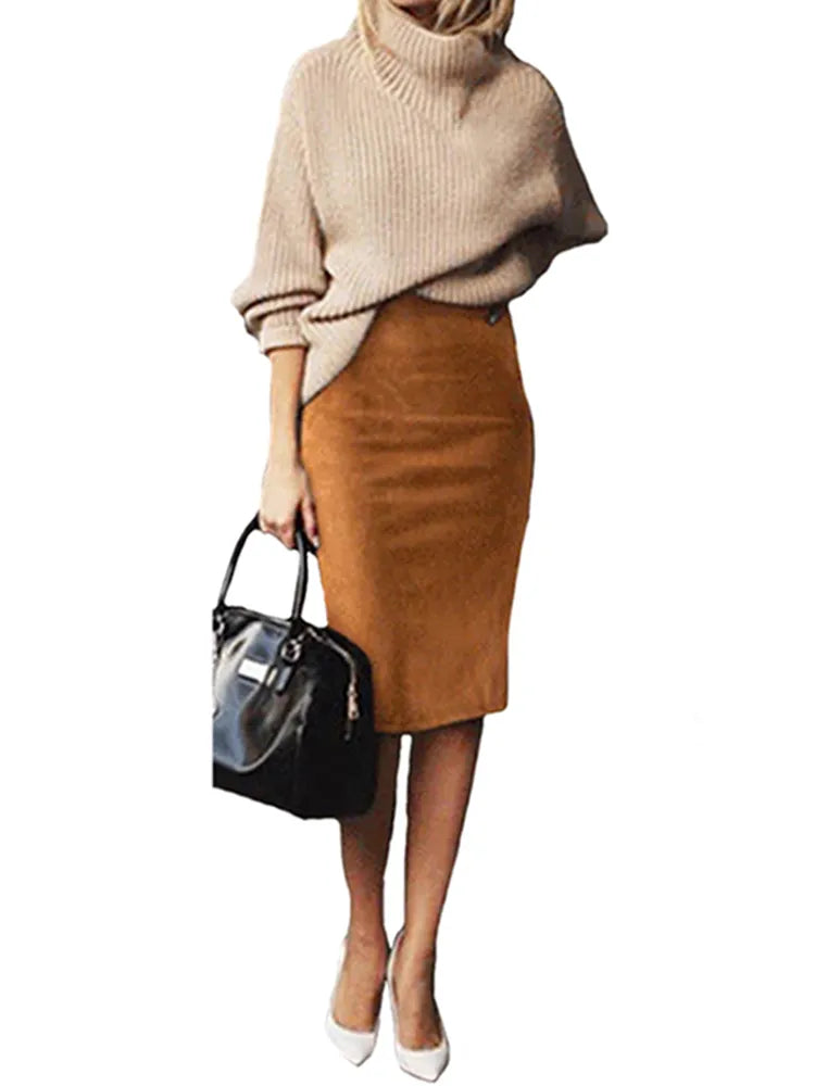 Suede Midi Pencil Skirt with Elastic High Waist - Divawearfashion