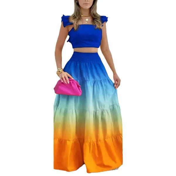 Colorful 2 PC Summer Crop Top & Long Skirt - Divawearfashion