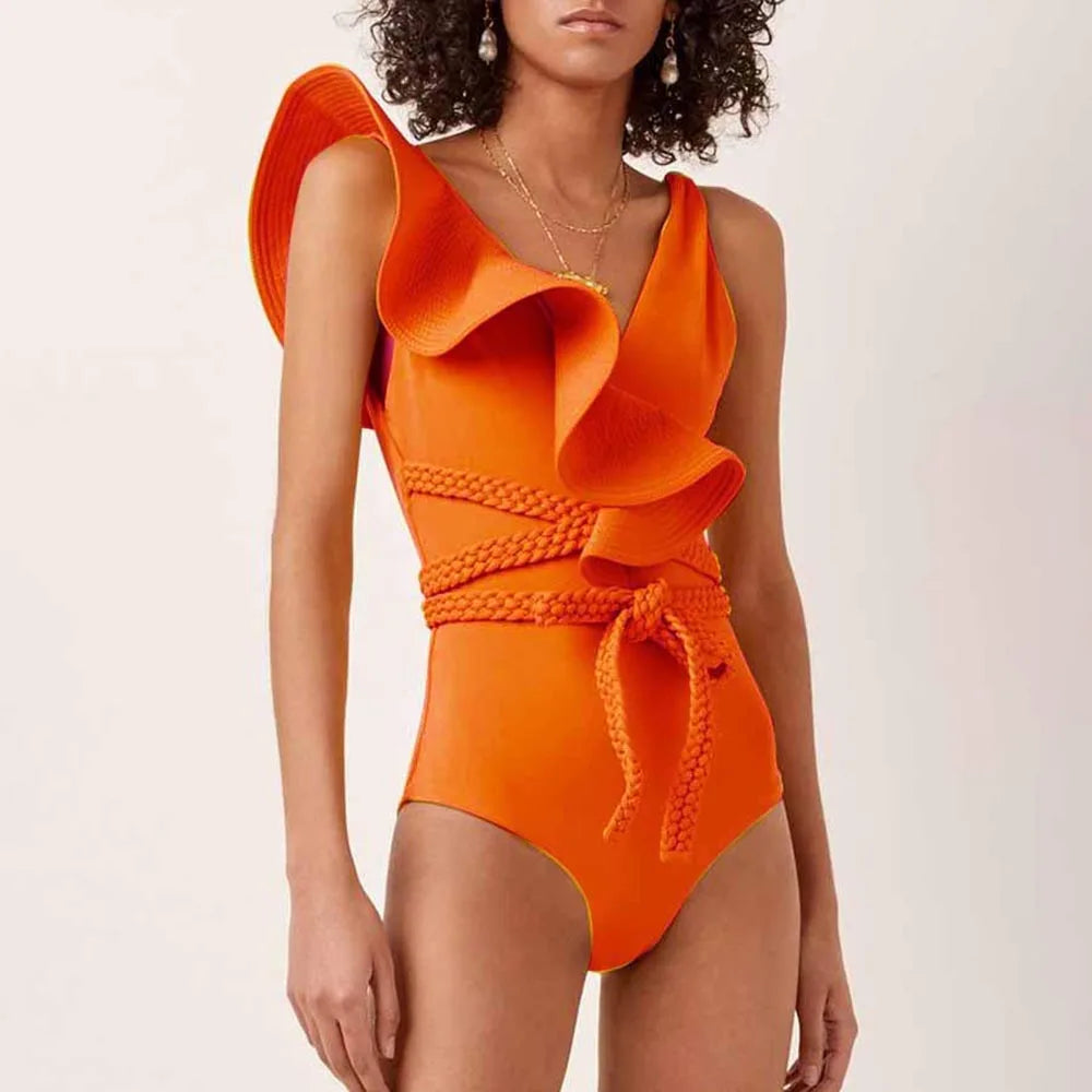 One Piece V Neck Ruffled Bathing Suit  - Divawearfashion