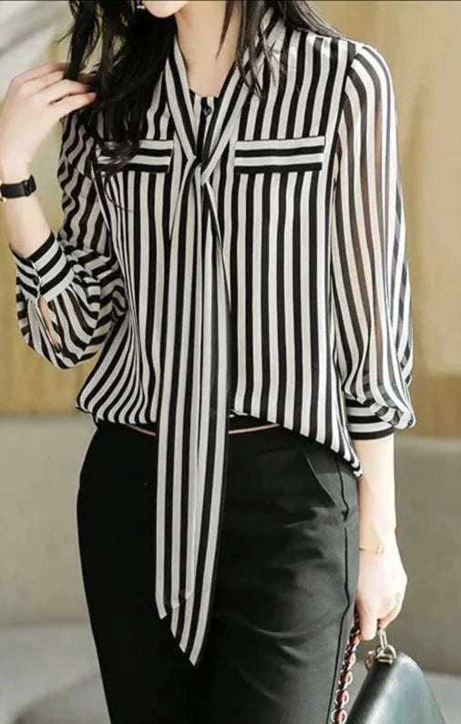 Striped Printed Long Sleeve Blouse - Divawearfashion