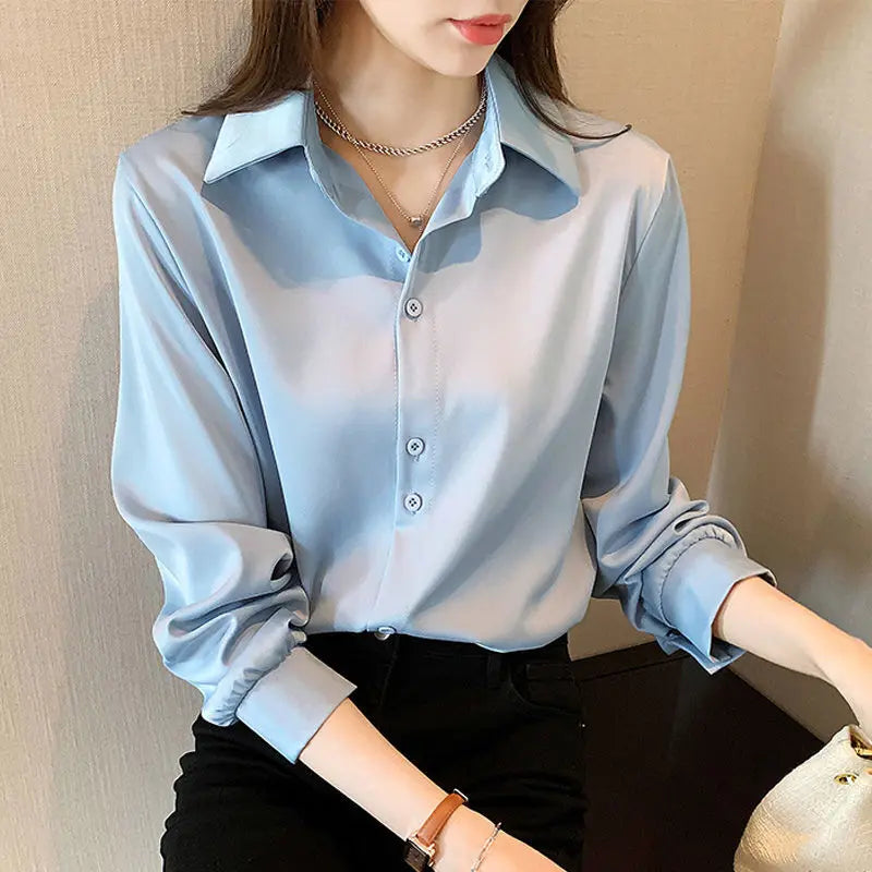 Long Sleeve Button Up Loose Solid Blouse - Divawearfashion