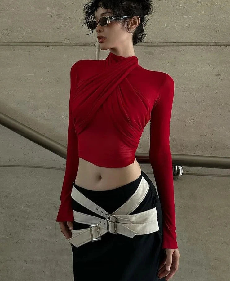 Turtleneck Draped Sexy See Through Crop Top - Divawearfashion