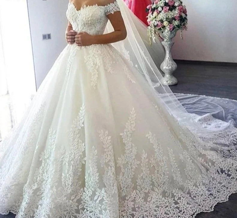 Off the Shoulder Wedding Dress Train Custom Made Plus Size Bridal Tulle - Divawearfashion