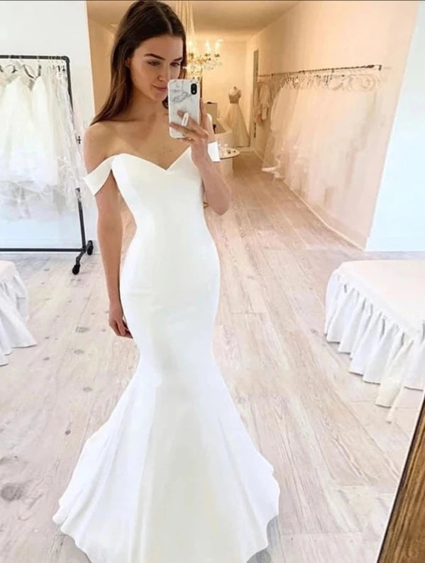 Off Shoulder Soft Satin Mermaid Wedding Dresses - Divawearfashion