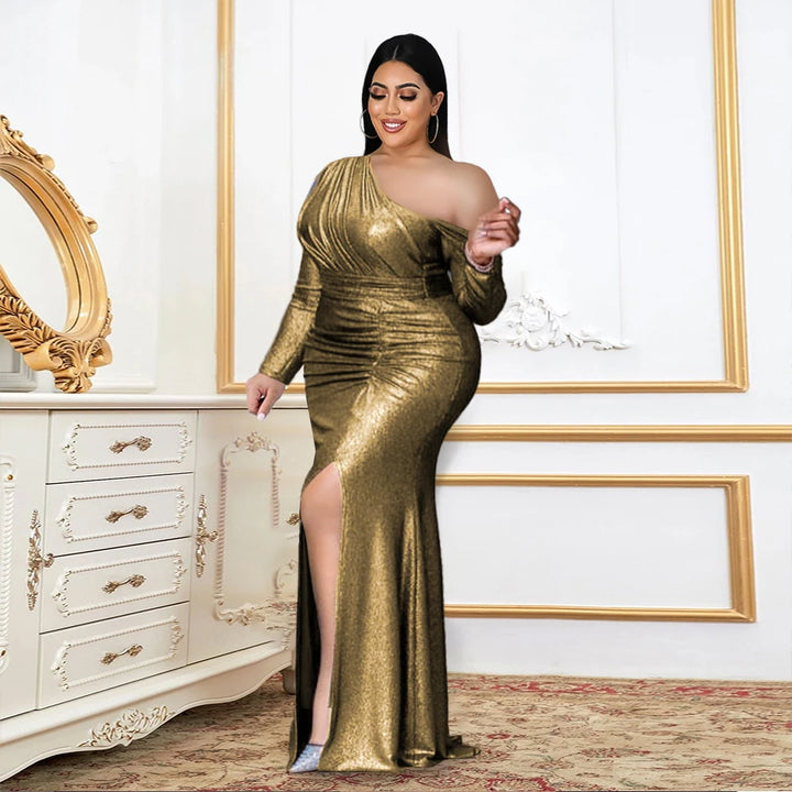 Plus Size Curvy Gold High Waist Long Slit Dress