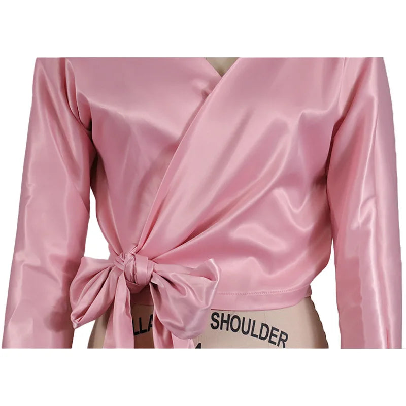Lace Up Bow Shiny Wrap Long Sleeves Classy Blouse - Divawearfashion
