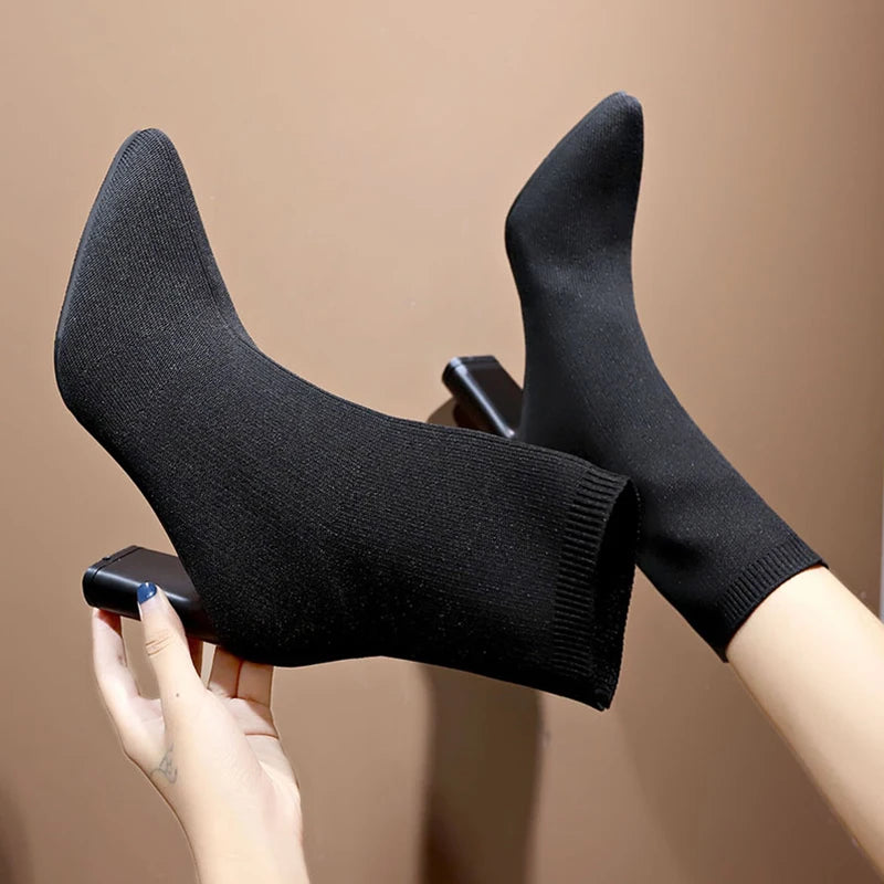 Stretch Socks Heel Boots - Divawearfashion