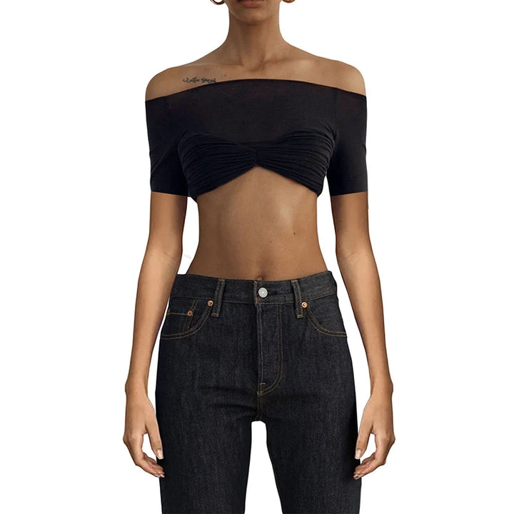 See Through Mesh Off-Shoulder Crop Top - Divawearfashion