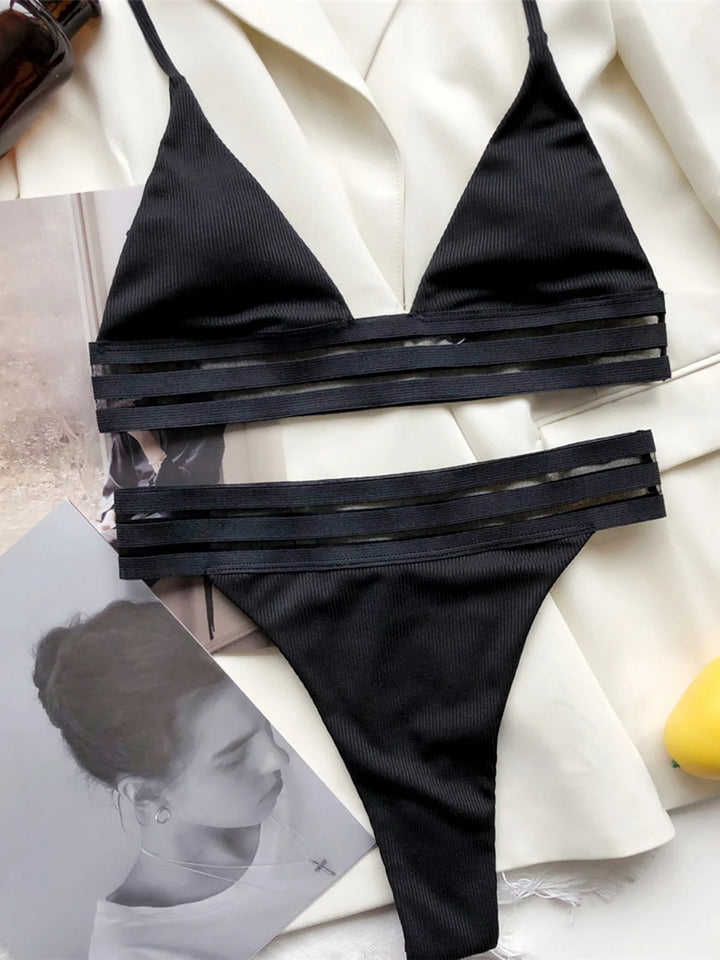 Black Halter Ribbed High Waist Two-pieces Bikini set - Divawearfashion