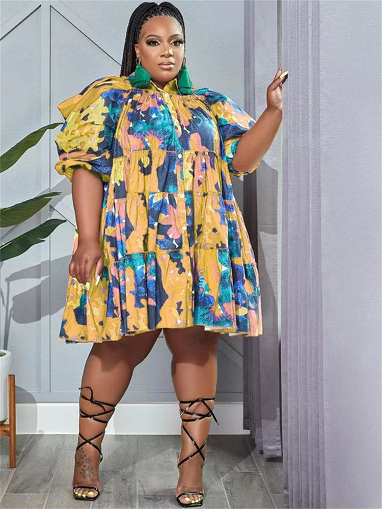 Plus Size Tie Dye Loose Shirt Midi Dress - Divawearfashion