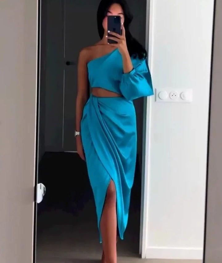 Satin Cut Out Ruched Off Shoulder Elegant Evening Dress - Divawearfashion