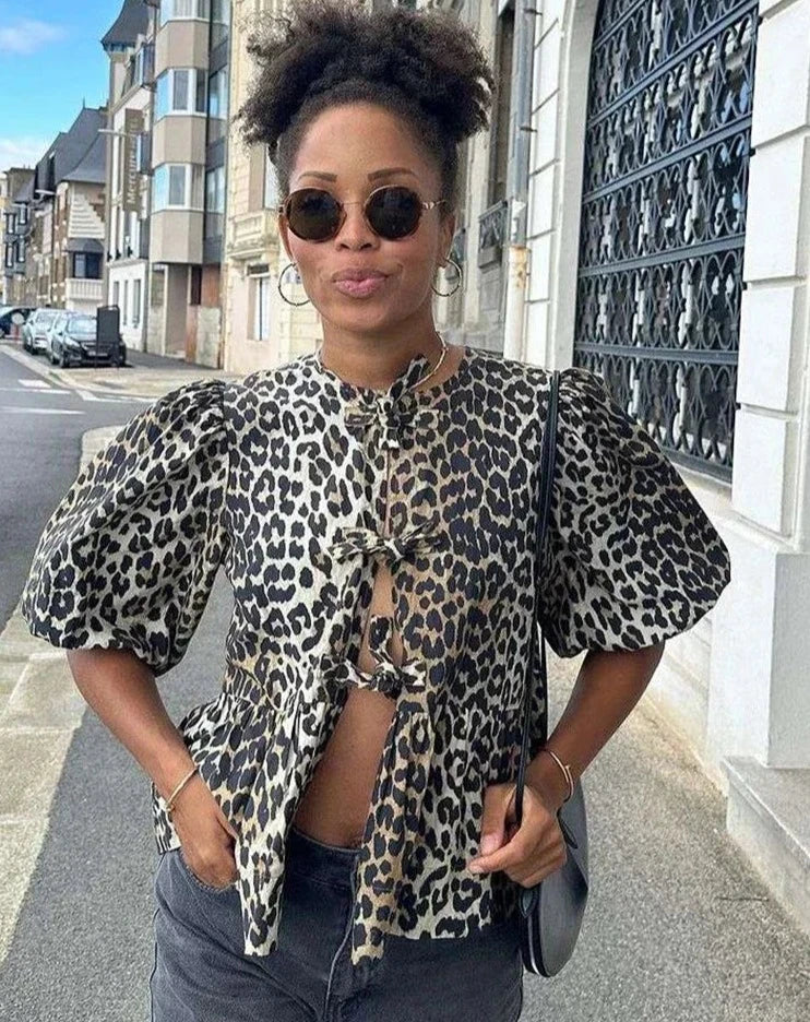 Leopard Print Lace Up Puff Short Sleeve Hollow Out Blouse - Divawearfashion