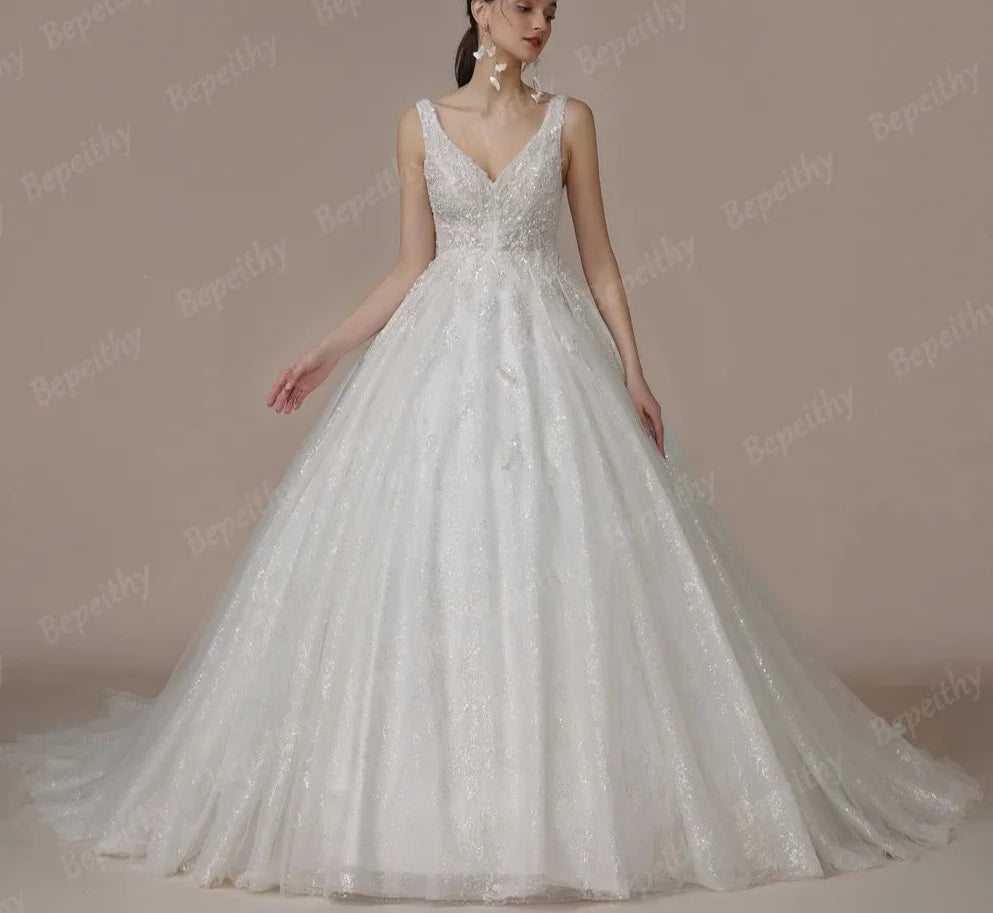 V Neck Sleeveless Wedding Dress with Court Train Beading - Divawearfashion