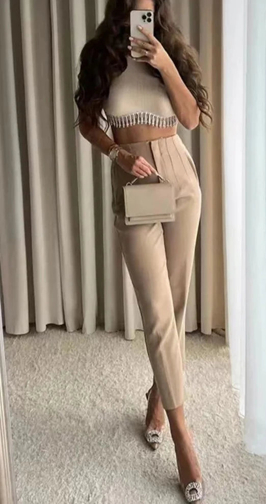 High Waist with Pockets Zipper Fly Ankle Trousers- Divawearfashion