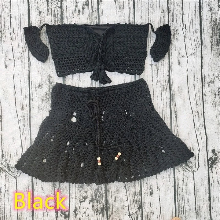 2 PC Crochet Tassel Top + Mini Skirt - Divawearfashion