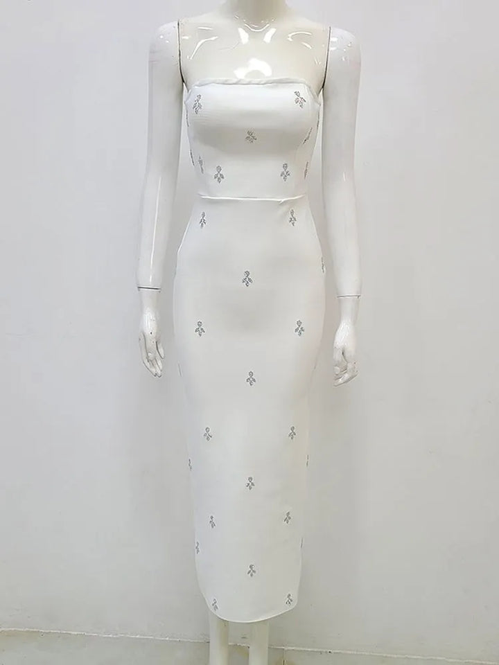Bodycon White Strapless Backless Crystal Diamond Dress - Divawearfashion