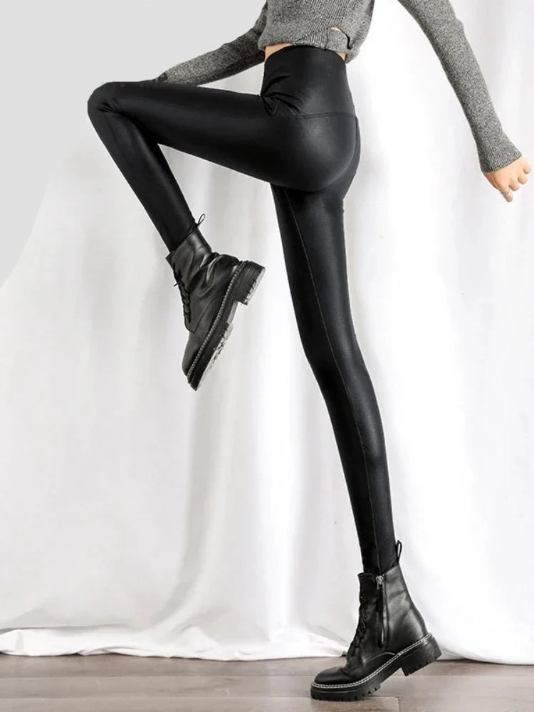Pu Leather High Waist Stretch Fleece Leggings - Divawearfashion