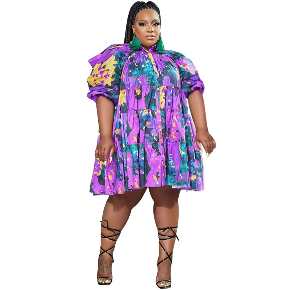 Plus Size Tie Dye Loose Shirt Midi Dress