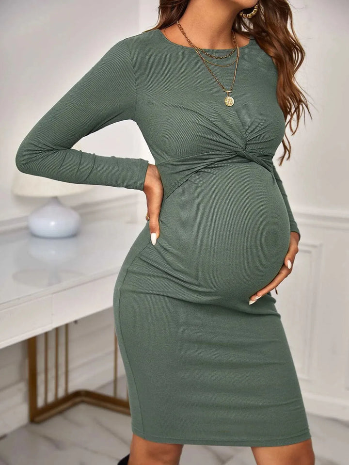 Long Sleeve Criss Cross Knitted Maternity Dress - Divawearfashion