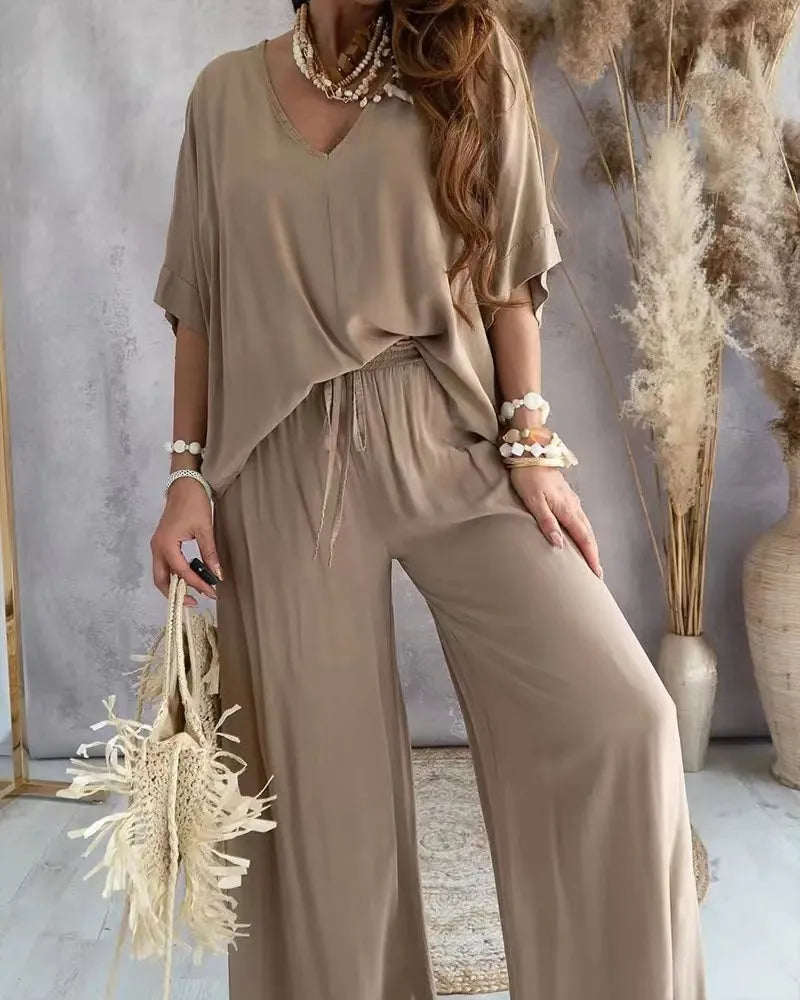 2 PC Bat Sleeve Shirt with Loose Wide-leg Pants Set - Divawearfashion