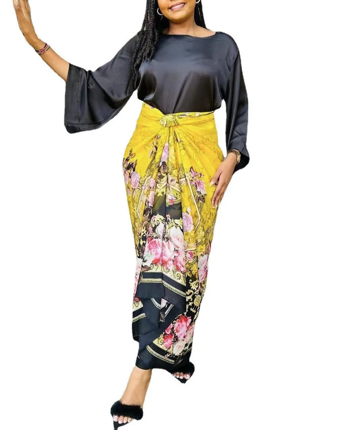 Elegant 2 PCS Print Blouse with Long Bandage Skirt Set - Divawearfashion