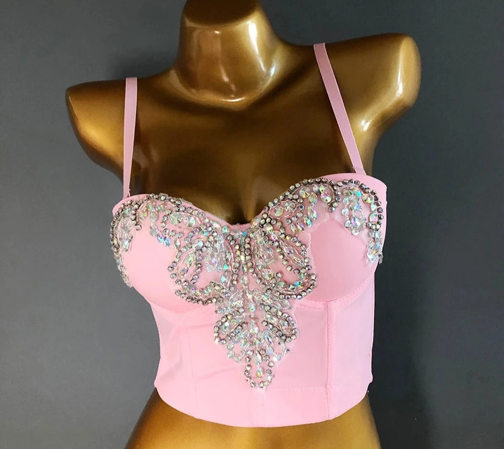 Pink High End Rhinestones Embroidery Luxury Crop Bustier Corset - Divawearfashion